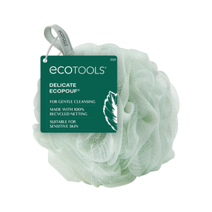 Green recycled mesh bath pouf with Ecotools packaging label for gentle cleansing