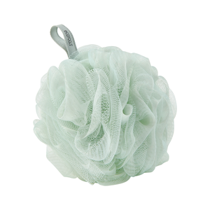 Green recycled mesh bath pouf with rosette texture and top hanging loop
