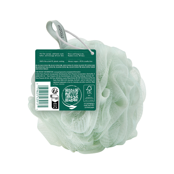 Green recycled mesh bath pouf with product label, barcode, and care info