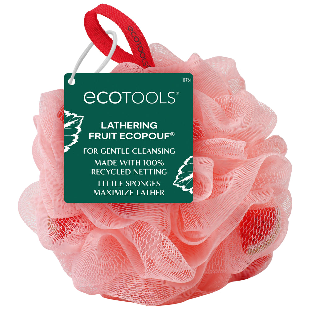 Pink mesh bath sponge with red-and-white hanging loop