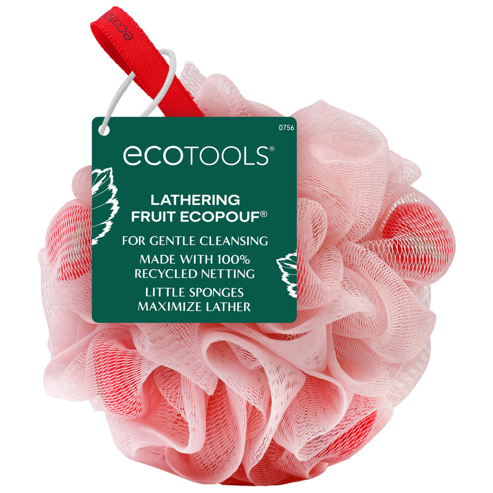 Pink ruffled mesh bath sponge with hanging loop, for gentle cleansing