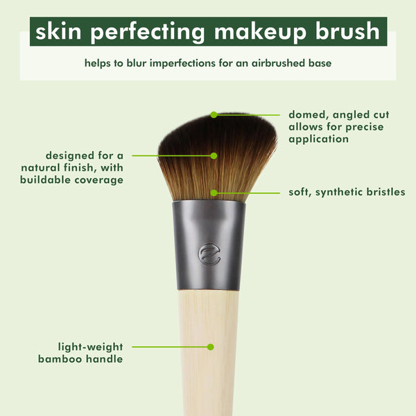 Skin perfecting makeup brush with dome head, soft synthetic bristles, and bamboo handle