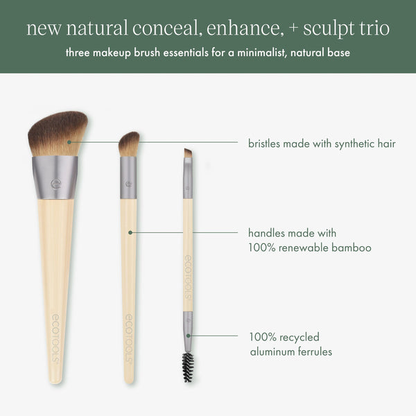 Makeup brush trio with diagram callouts for synthetic bristles and bamboo handles