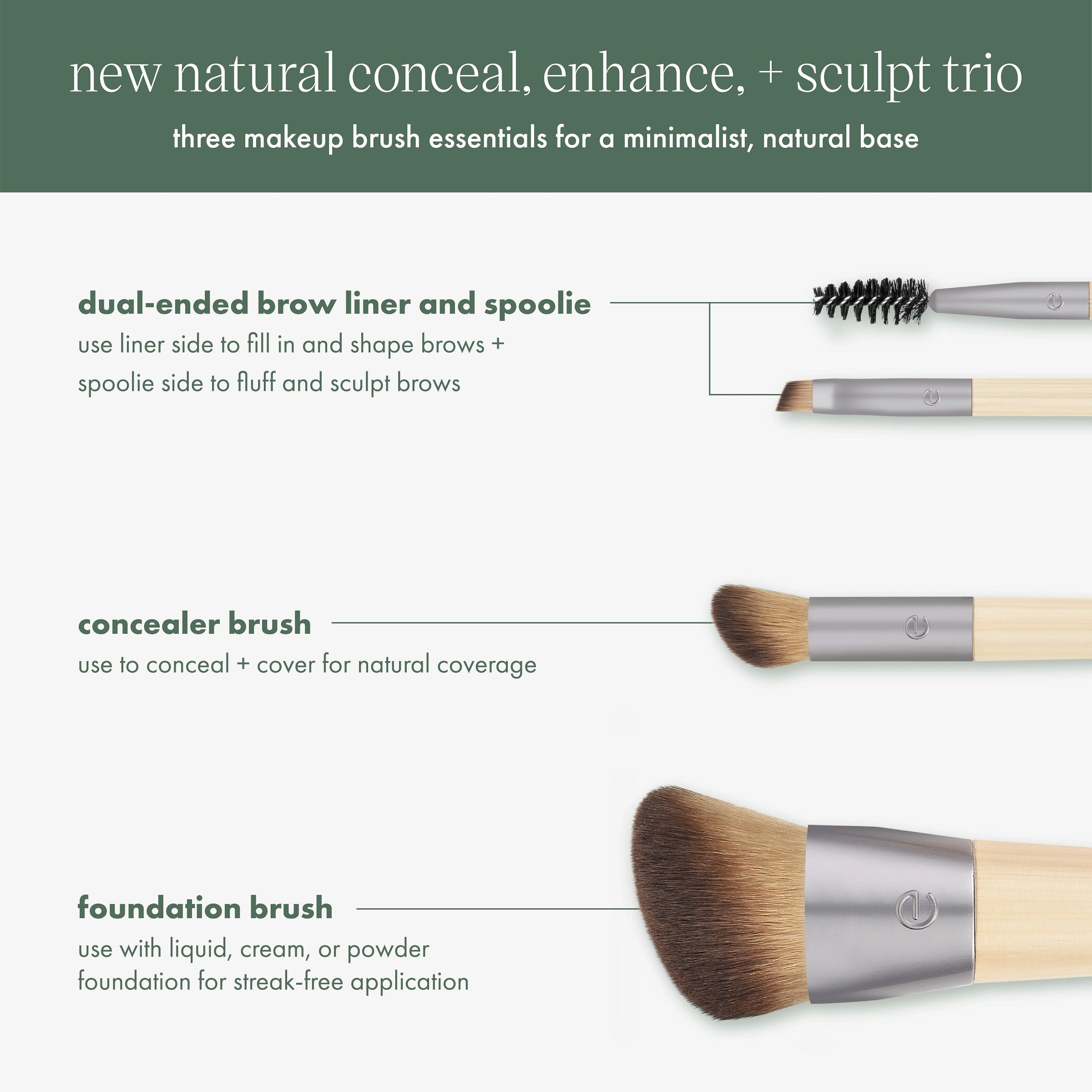 Ecotools New Natural Conceal Enhance And Sculpt Trio Makeup Brushes For Foundation Concealer 3768