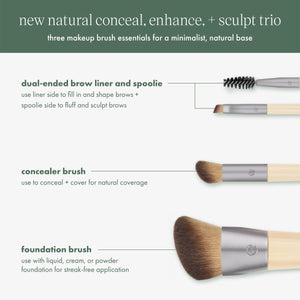 Makeup brush trio labeled: dual-ended brow liner and concealer and foundation brushes