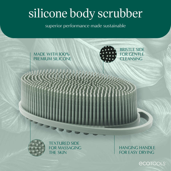 Sage green silicone body scrubber with hanging handle and two-sided textured design