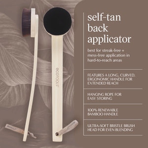 Self-tan back applicator with bamboo handle, hanging loop, and brush head