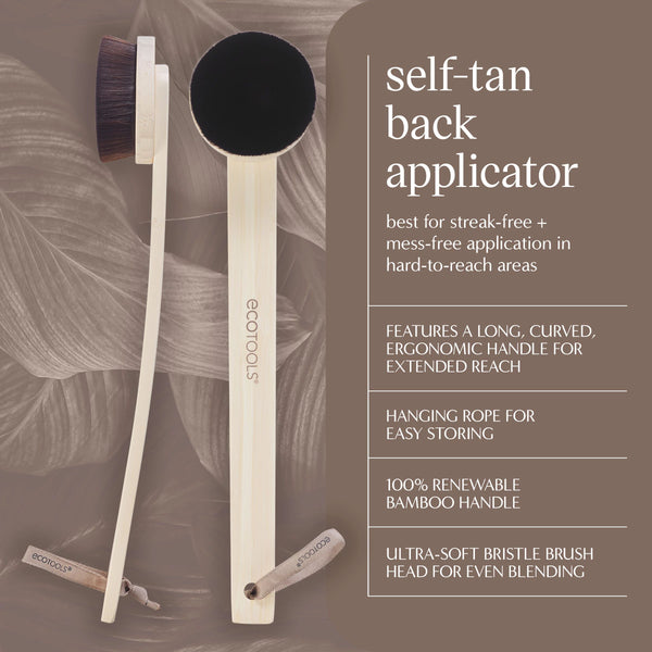 Self-tan back applicator with bamboo handle, hanging loop, and brush head