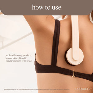 Self-tan back applicator with dark sponge pad, used on a back