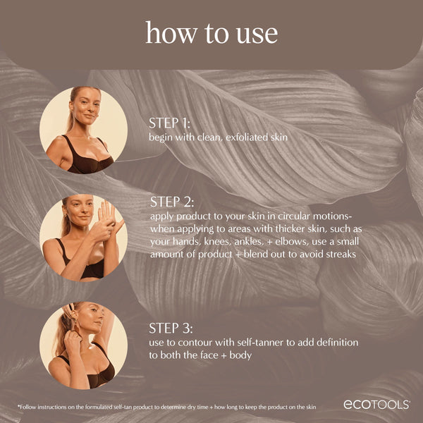 How to use self-tan blending brush graphic showing a woman applying on face and body