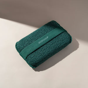 Rolled dark green XL Body Buffer scrub cloth with hanging strap