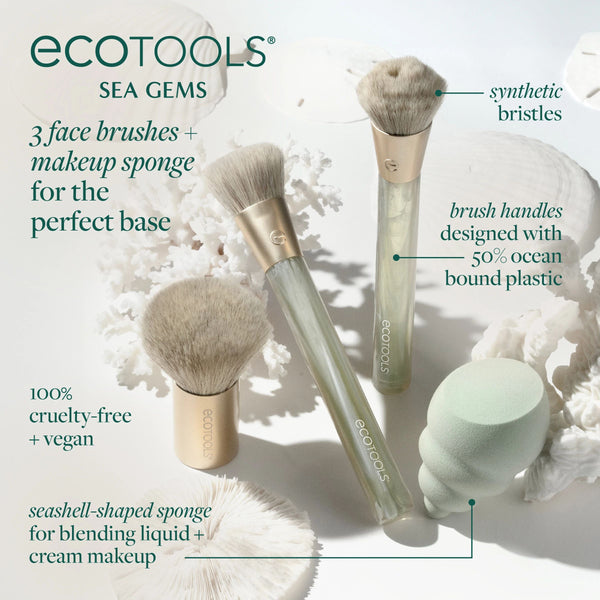 Ecotools Sea Gems 3 face brushes and synthetic-bristle sponge with labeled features