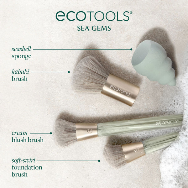 Sea Gems brush lineup diagram: kabuki, cream blush, and soft-swirl foundation brushes