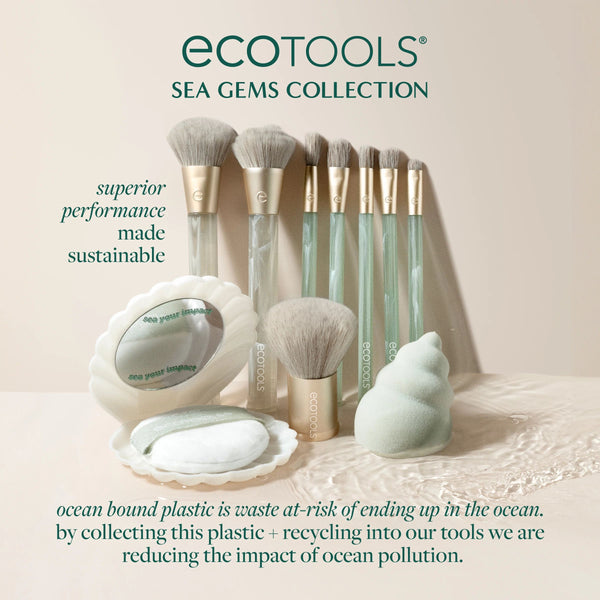 Ecotools Sea Gems collection accessories with face brushes and white seashell-shaped sponge