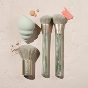 Sea Gems brush set with three brushes and teal seashell-shaped sponge, sponged accents