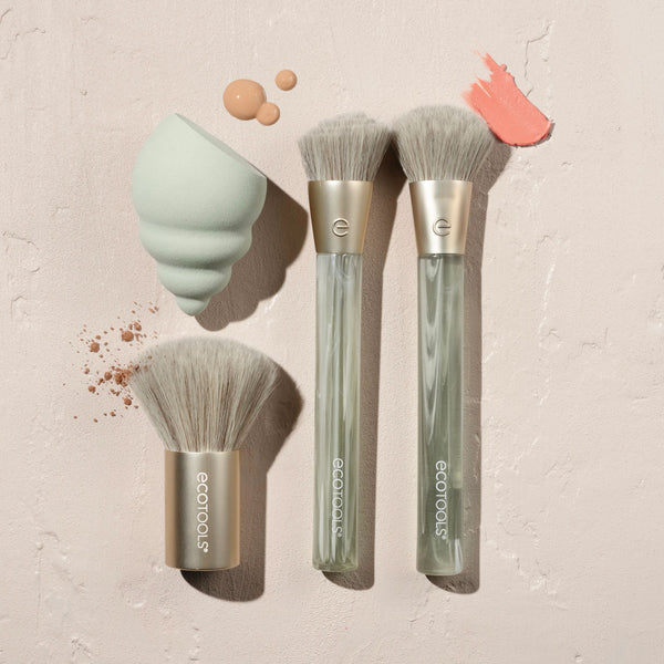Sea Gems brush set with three brushes and teal seashell-shaped sponge, sponged accents