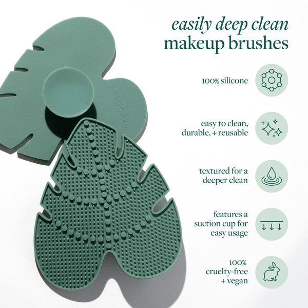 Green silicone makeup brush cleansing pad with textured surface and suction cup feature