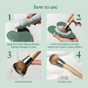 Makeup brush cleansing pad used to wash a brush on a leaf-shaped silicone surface