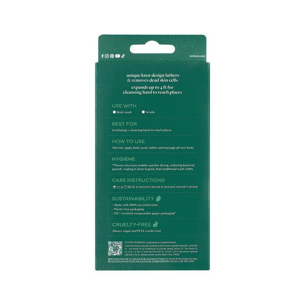 Green product packaging back with instruction text and sustainability icons