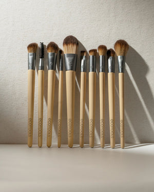 10-piece makeup brush set with wooden handles and soft brown bristles