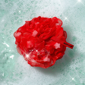Red lathering eco pouf, round ruffled mesh texture