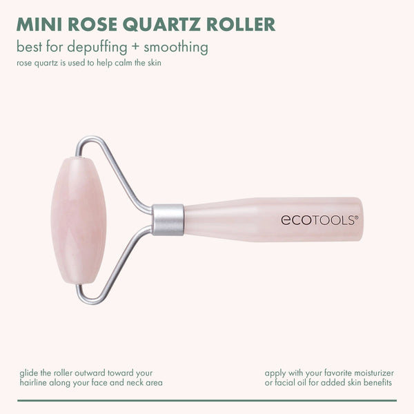 Mini rose quartz facial roller with pink stone head and light pink handle, ecotools logo.