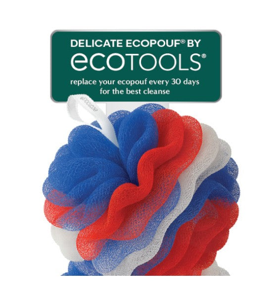 Delicate EcoPouf cleaning sponge with red and blue textured fabric flower design