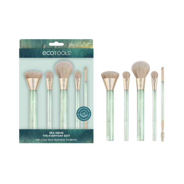 Makeup brush set with 5 teal handles and beige bristles