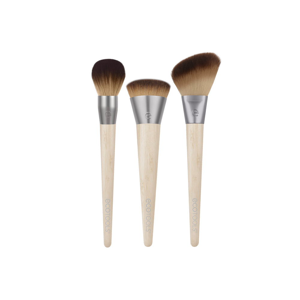 Makeup brush set of three face brushes, brown bristles, silver ferrules, wood handles