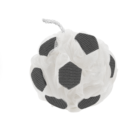 Soccer ball-shaped lathering pouf with white mesh and black patch pattern, hanging loop