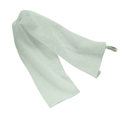 Light green bath cloth, folded with hanging loop on one end.