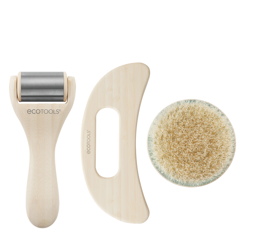 Self-care kit with wooden roller, brush, and round exfoliating scrub pad