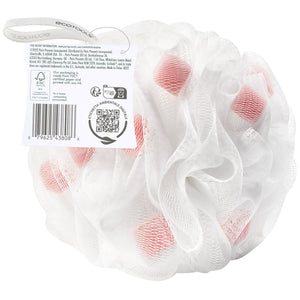 White bath sponge pouf with pink-red mesh dots and hanging ribbon loop