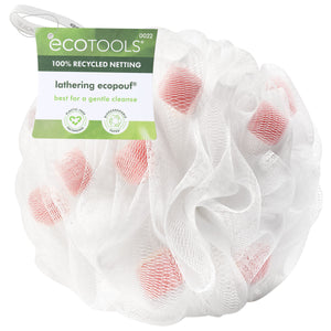 White recycled net bath pouf with pink-red dot pattern and loop handle