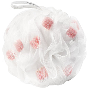 White bath pouf sponge with pink-red mesh dots and soft net texture