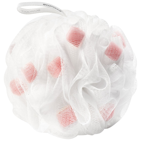 White bath pouf sponge with pink-red mesh dots and soft net texture