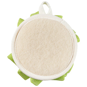 Round dual cleansing pad, beige loofah face with white loop and green ribbon tabs