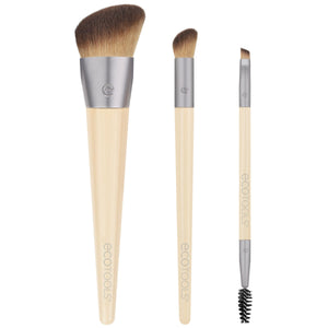 3-piece makeup brush set with beige handles, silver collars, and dense bristles