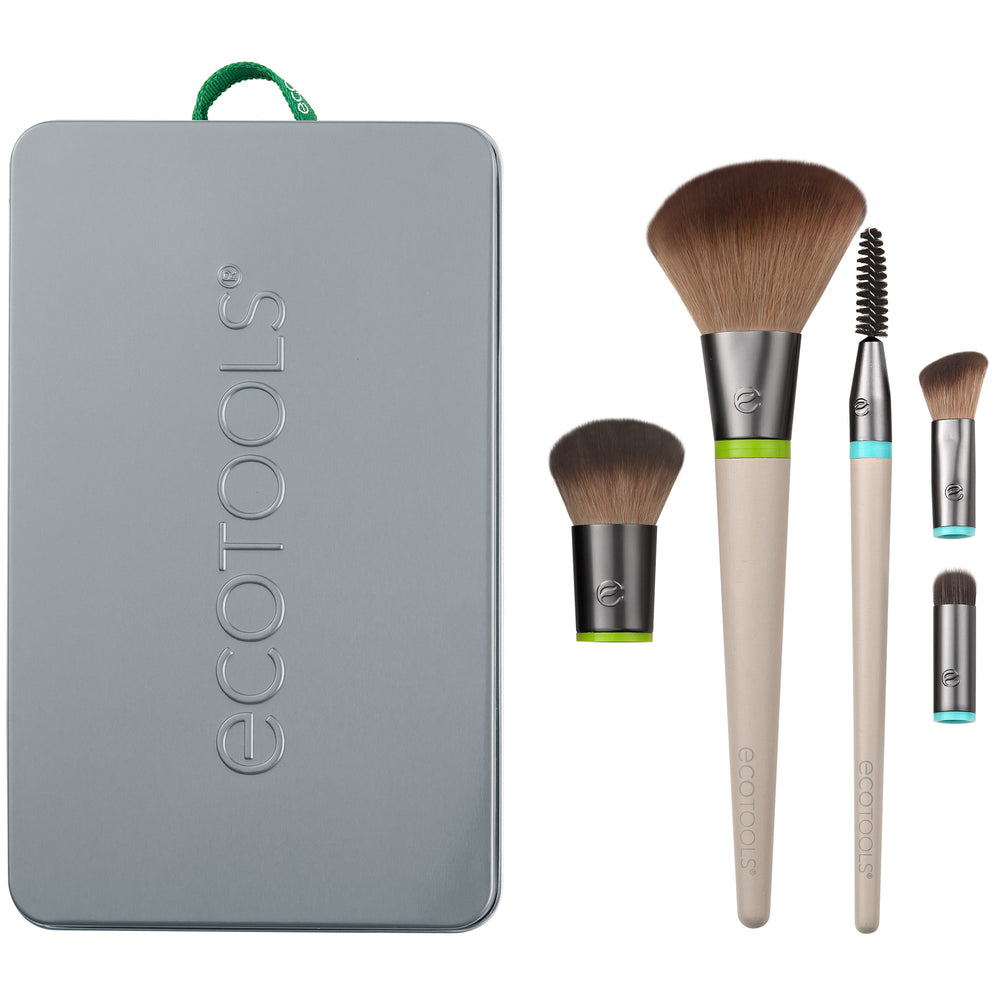 Interchangeable face makeup brush kit case with four full brushes and one compact brush