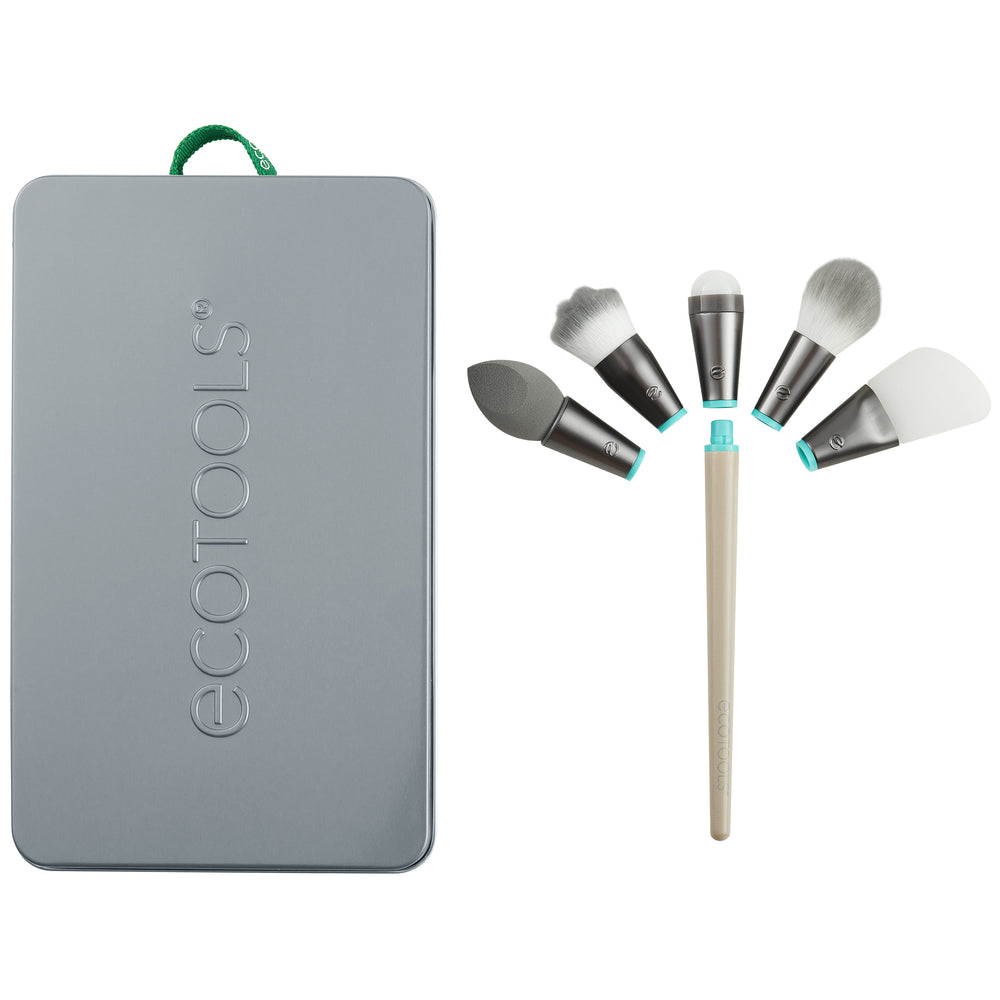 Interchangeable makeup brush kit with gray case and five brush heads with teal accents