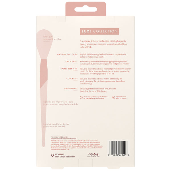 Back of ECOTOOLS Luxe Collection brush kit box with brush shape diagrams and product details