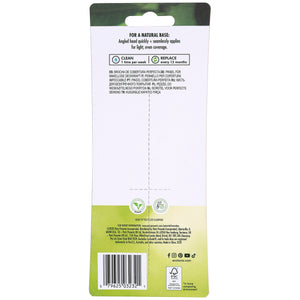 Back of retail package for flawless coverage makeup brush with angled head