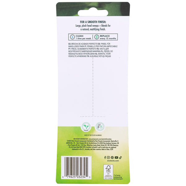 ecotools powder brush back packaging with recycled aluminum badge and product details