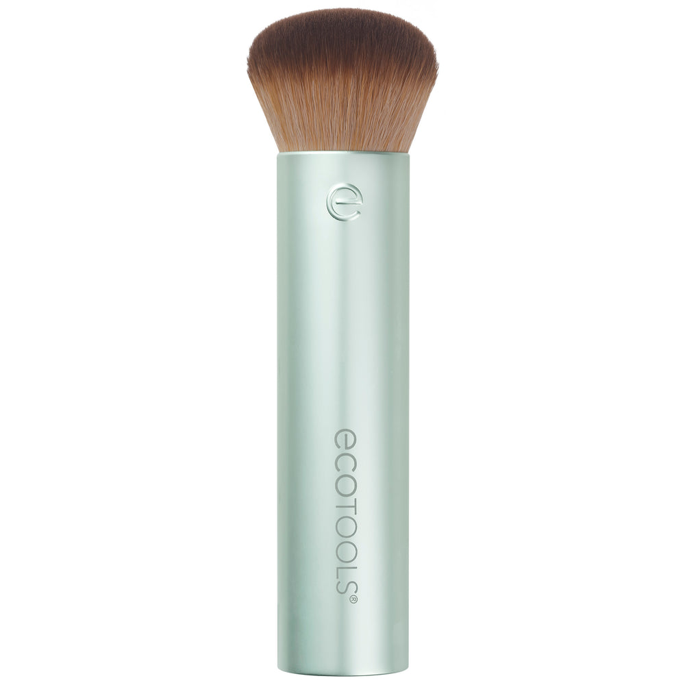 Powder makeup brush with teal metal handle and rounded soft brown bristles
