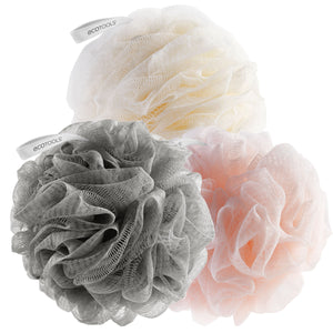 3-pack bath sponge loofahs, cream white, gray, and blush pink mesh flower scrubbers