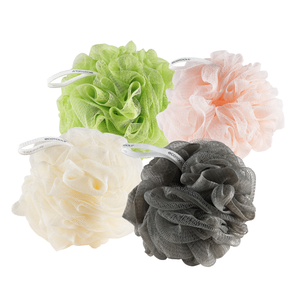 Delicate EcoPouf bath sponge variety set with cream, pink, gray, and lime green sponges