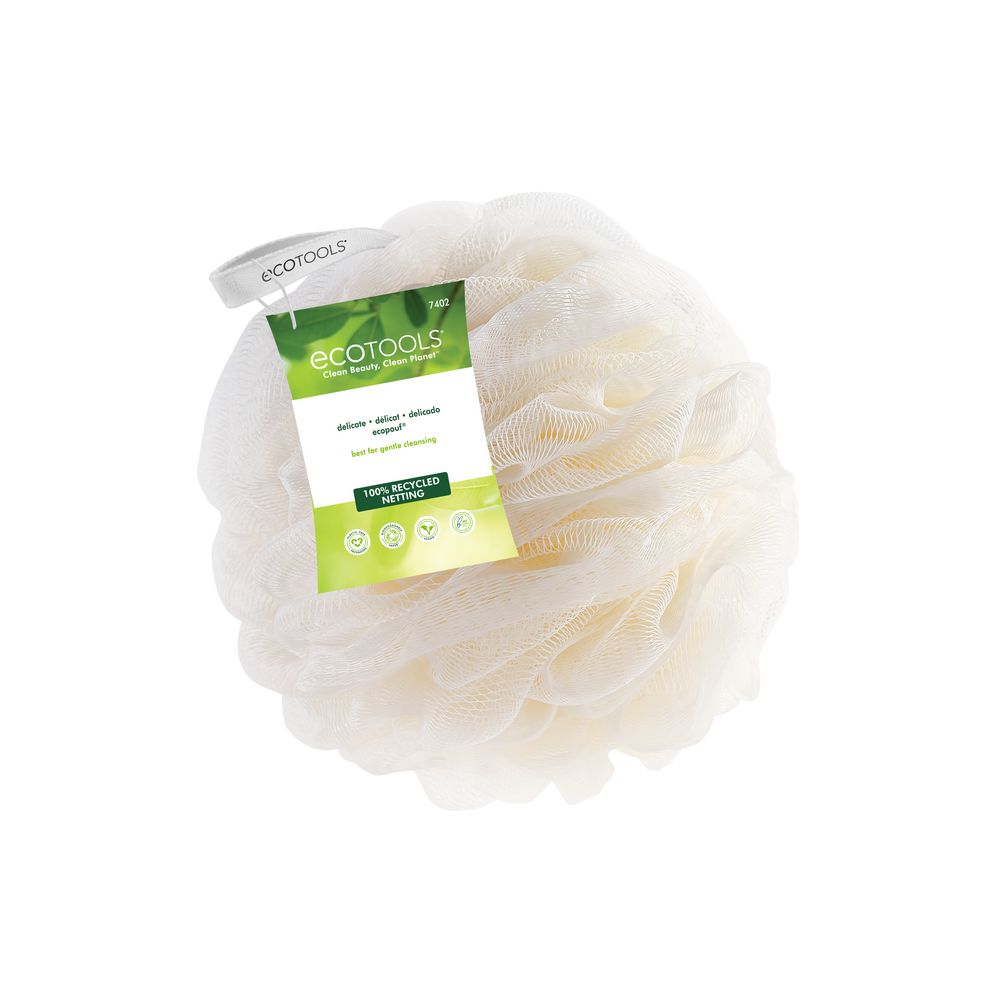 Delicate EcoPouf bath sponge variety set with cream, pink, gray, and lime green sponges