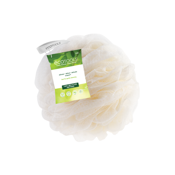 EcoTools delicate bath sponge in cream/white, with product label
