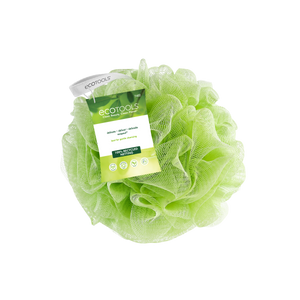 EcoTools delicate bath sponge in lime green, with product label