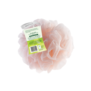 EcoTools delicate bath sponge in blush pink, with product label